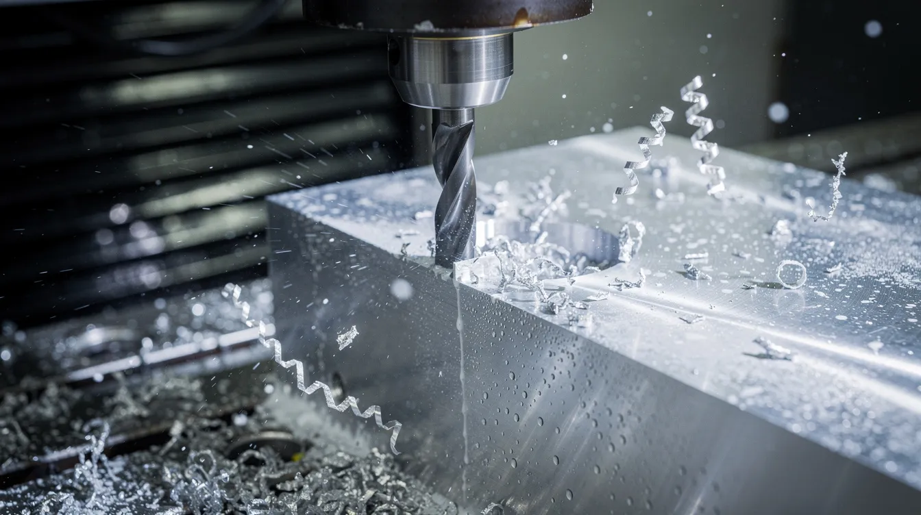 The image shows a close-up view of a CNC vertical milling machine actively cutting an aluminum workpiece, with a coolant spray in action and metal chips being produced. This scene highlights the intricate machining process involved in computer numerical control (CNC) operations, showcasing the precision and efficiency of modern manufacturing.