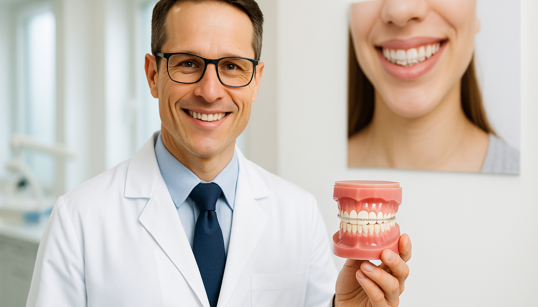 Kjeveortoped smiler i klinikk og holder tannmodell med regulering, med bilde av pasient med tannregulering i bakgrunnen.
