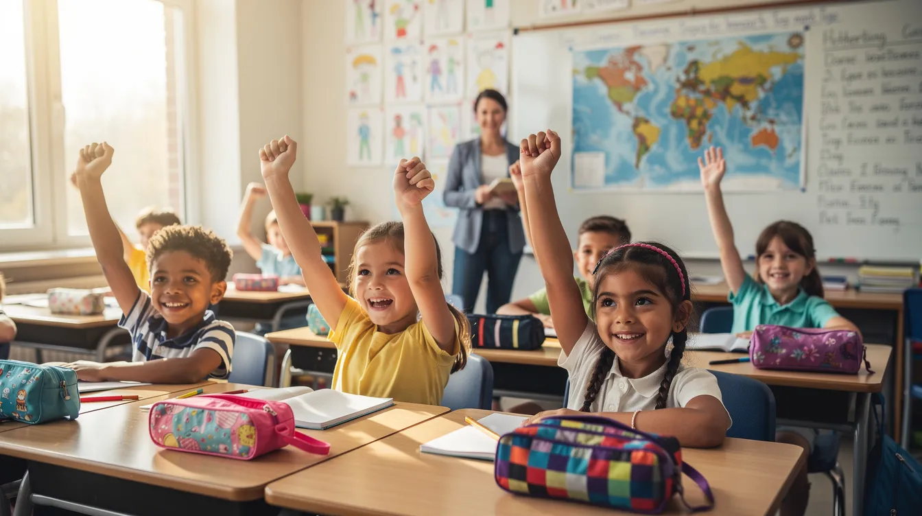 The image shows a lively classroom filled with elementary school children eagerly raising their hands, showcasing their enthusiasm to participate in the lesson. This scene reflects the positive impact of educational engagement, which can be supported by charitable contributions to qualifying organizations through Arizona's charitable tax credit.
