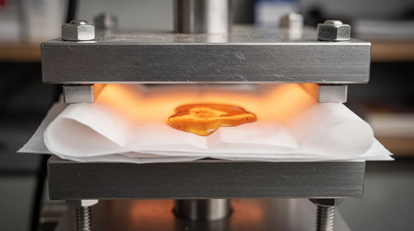 Op deze close-up zie je een rosinpers met verwarmde metalen platen, omgeven door bakpapier en een kleine hoeveelheid geperste rosin, die als cannabisconcentraat dient. Deze apparaten zijn belangrijk voor het extraheren van cannabinoïden en terpenen uit de plant via de rosin-techniek.