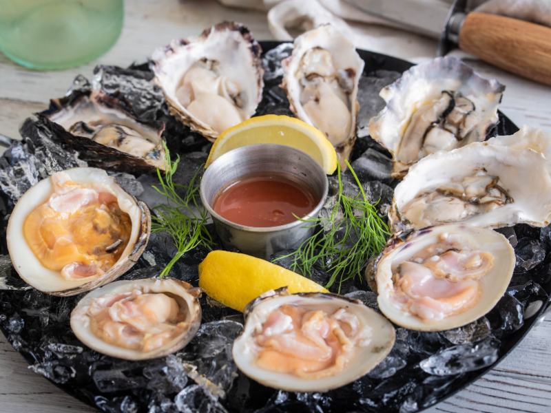 Image of clams and oysters on a plate surrounding clam sauce.