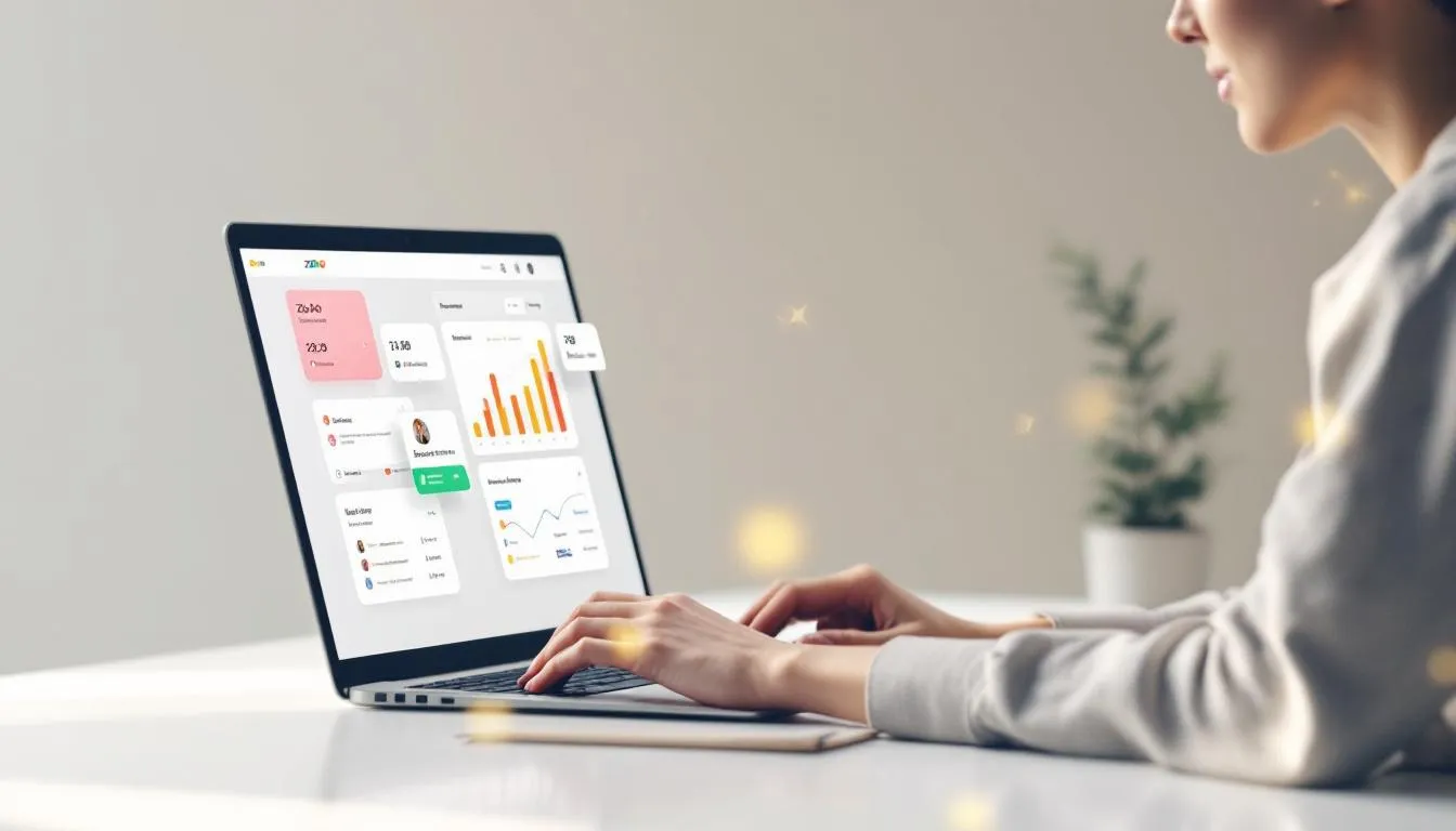 Certified Zoho Consultant Analyzing Data Dashboards And Business Reports On A Laptop Using Zoho Crm To Optimize Sales And Performance Metrics.