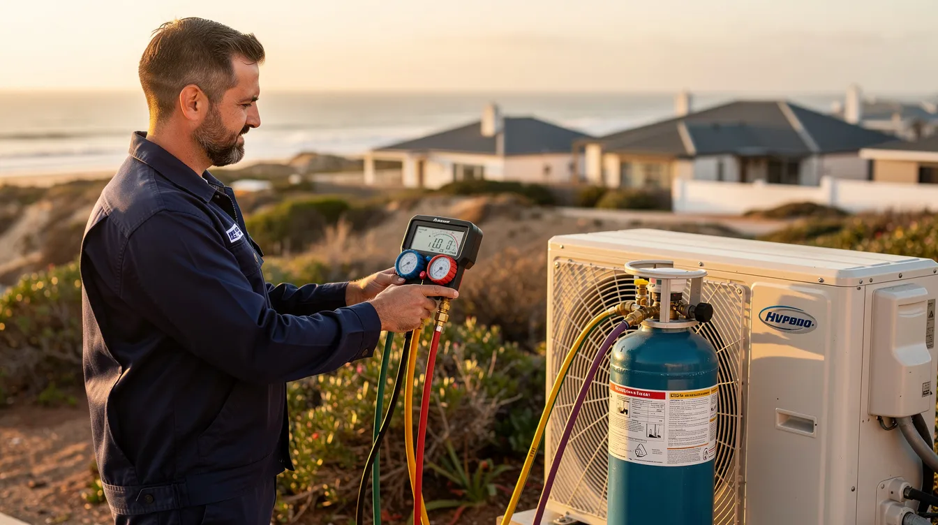 A technician is carefully checking the refrigerant levels during an aircon regas procedure in Melkbosstrand, ensuring the system's performance is optimized. The regas machine is being used to remove existing gas and prepare for a refill, highlighting the importance of proper maintenance for vehicle air conditioning systems.