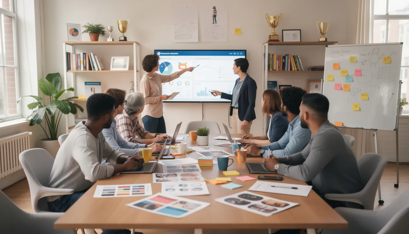 A diverse marketing team is collaborating in a modern agency workspace, discussing strategies for effective email marketing campaigns while utilizing customer data and insights. The atmosphere is dynamic, reflecting their commitment to professional growth and expertise in utilizing the Klaviyo platform for e-commerce businesses.