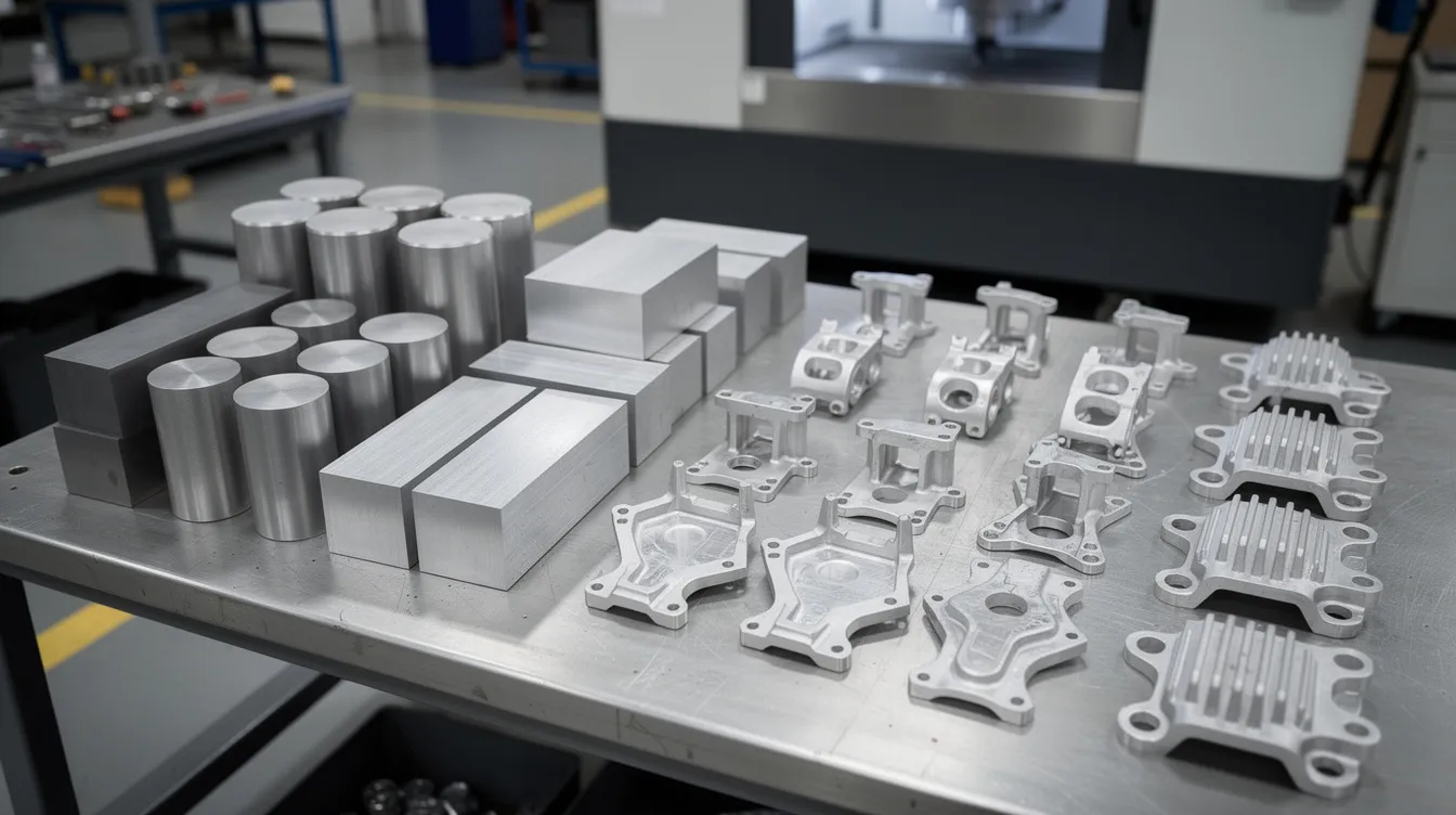 The image shows raw titanium and aluminum billets neatly arranged on a workshop table, alongside finished aerospace brackets and housings, highlighting the crucial role of CNC machining in aerospace manufacturing. These materials are essential for producing high precision components used in critical engine parts and structural elements within the aerospace industry.