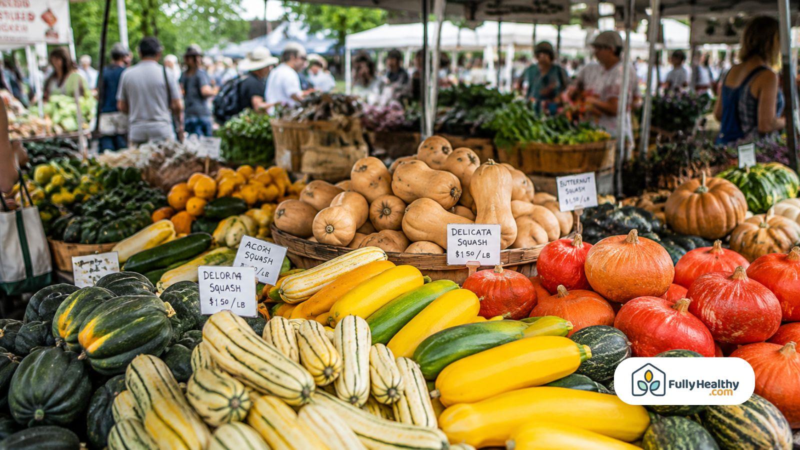 Colorful summer and winter squash displayed at busy outdoor farmers market