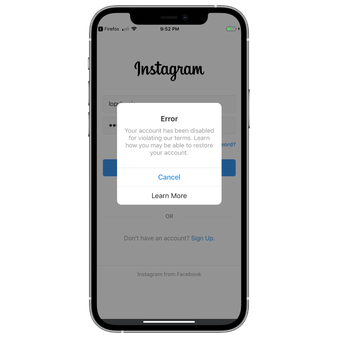 Remote.tools shows a screenshot from Instagram of a permanent account ban. Source: Fangage 