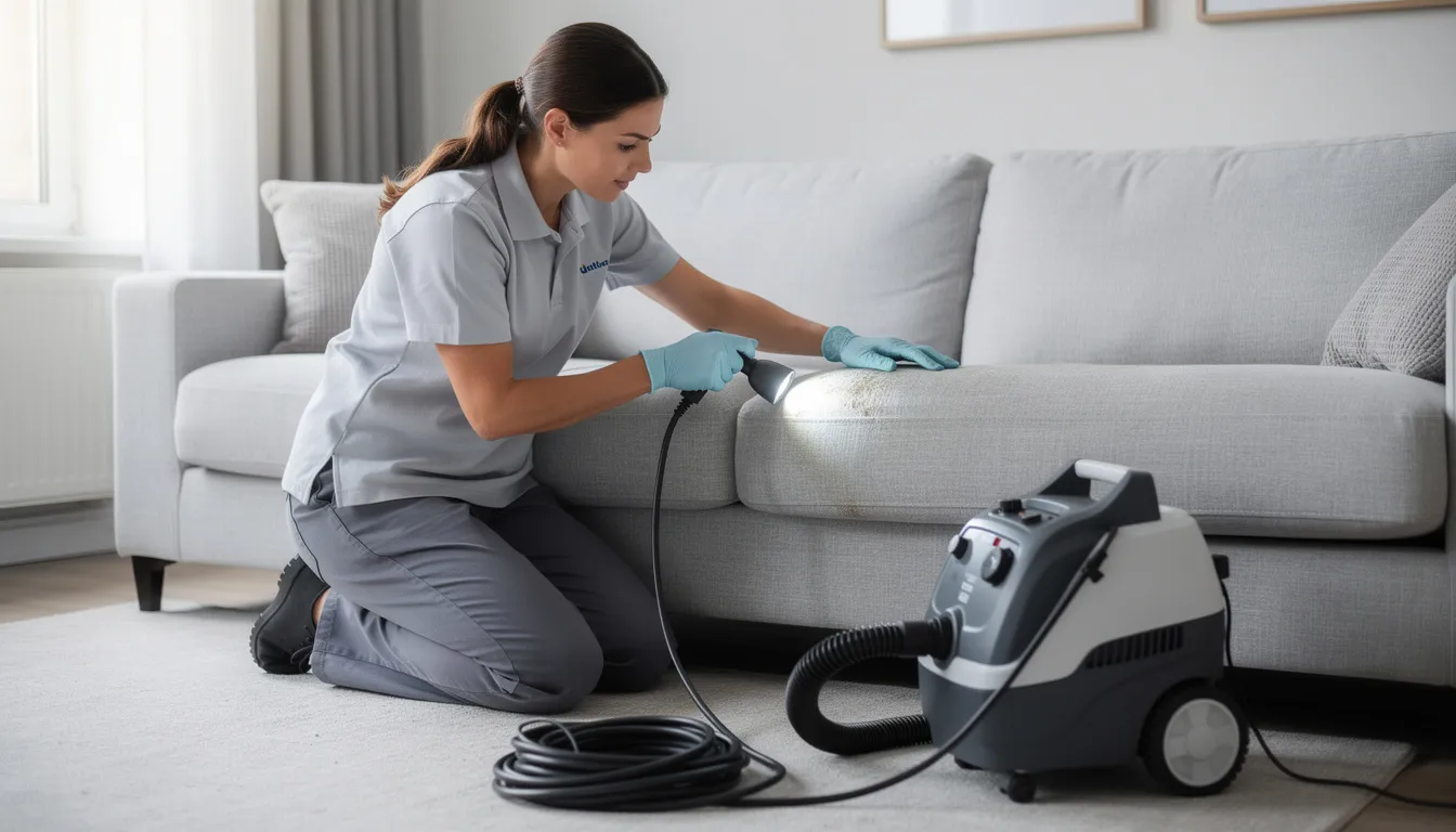 A technician in uniform is carefully inspecting the fabric of a sofa, preparing for the deep cleaning process. This professional sofa cleaning service aims to enhance the sofa's appearance and improve indoor air quality by addressing stubborn stains and removing dust mites.