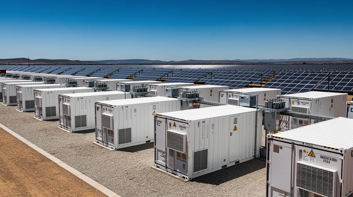 The image features rows of large-scale battery energy storage containers positioned next to a solar farm, all under clear blue skies. This scene exemplifies renewable energy project development, highlighting the integration of energy storage within renewable energy infrastructure projects.