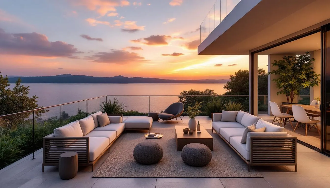 A stunning sunset casts vibrant hues over the water as viewed from a luxury home terrace adorned with elegant outdoor furniture, showcasing the serene lifestyle of waterfront living in Fort Myers, Florida. This picturesque scene highlights the beauty of the intracoastal waterway and the ideal location of intracoastal harbor homes.