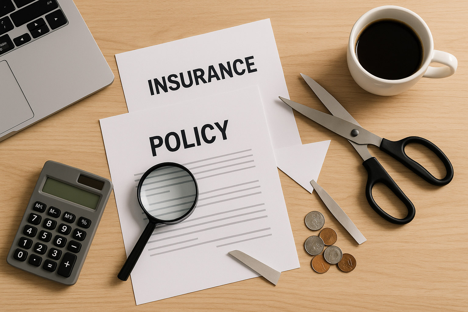 Overhead of insurance and policy documents with magnifying glass, scissors, coins, and calculator illustrating cost management and a cost conscious culture for cost reduction.