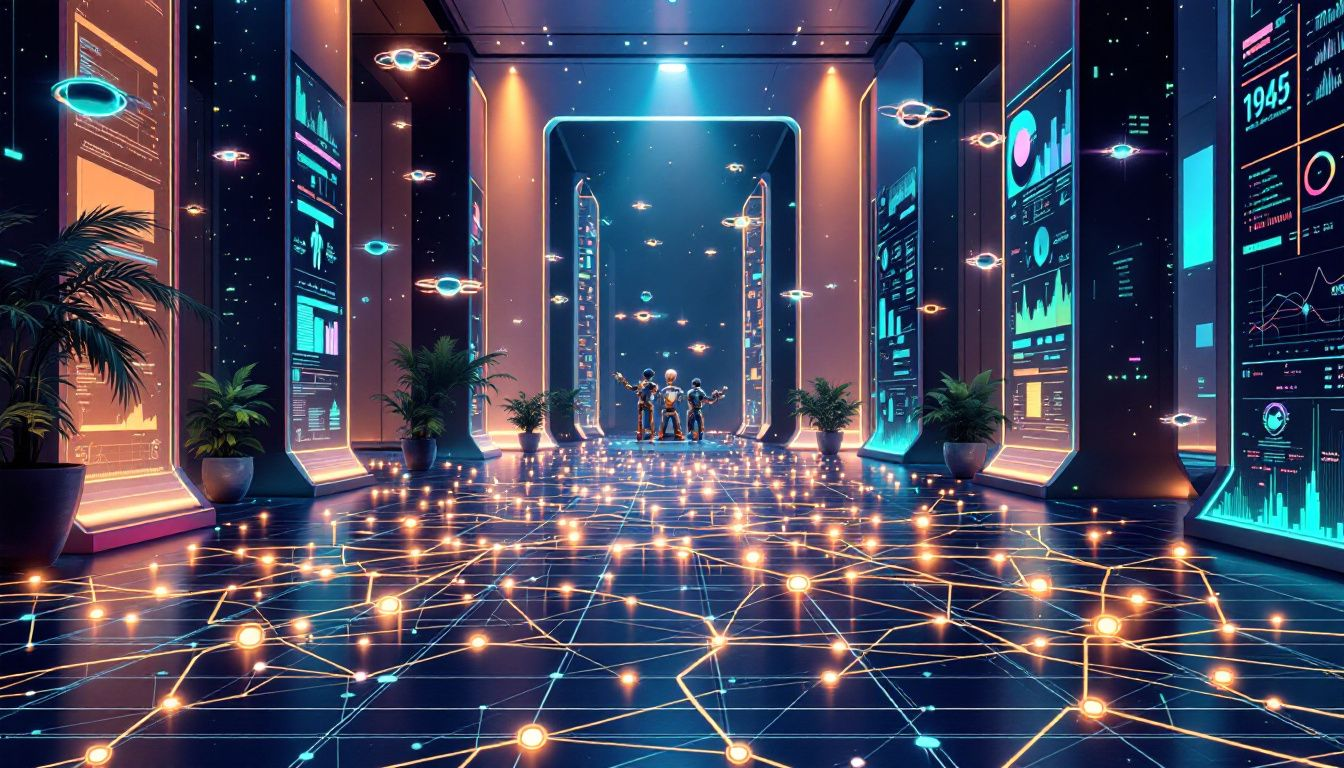 Eine Illustration, die KI-Automatisierungsdienste in Aktion darstellt und verschiedene KI-Werkzeuge und -Technologien zeigt.