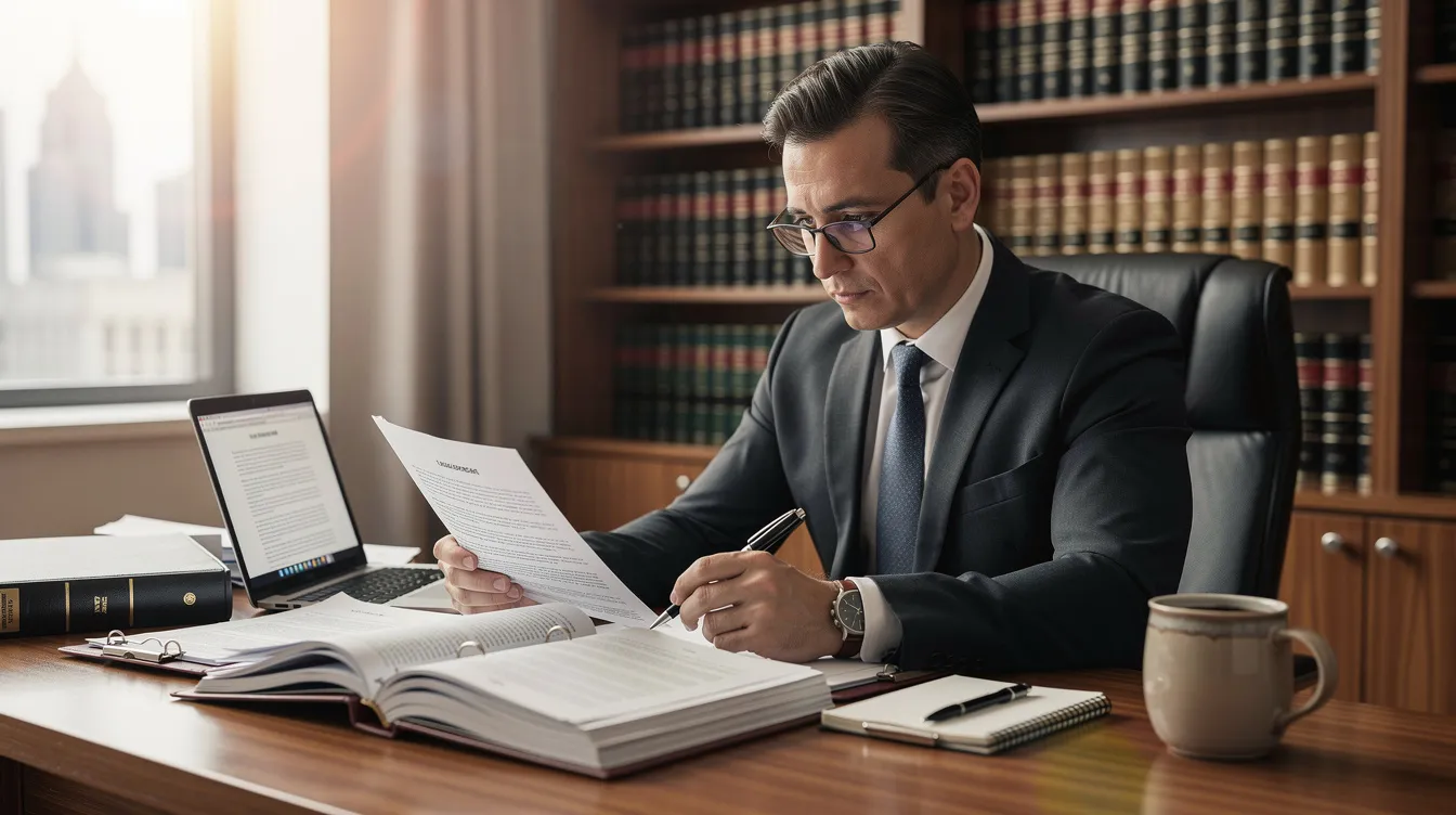 A lawyer is seated at a desk, intently reviewing documents related to medical malpractice cases, highlighting the importance of medical records and the duty of care in urgent care settings. The scene emphasizes the lawyer's role in protecting patients' rights and pursuing compensation for negligence in urgent care facilities.