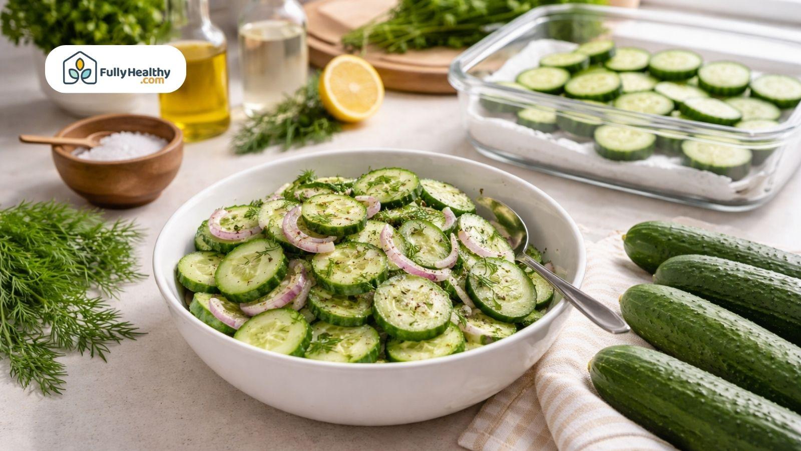 Fresh cucumber salad with herbs onions and dressing on kitchen table