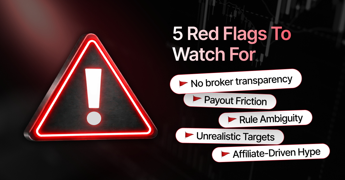  Informational graphic titled "5 Red Flags To Watch For," featuring a large, glowing red warning triangle with an exclamation mark. The image lists five warning signs for traders: No broker transparency, Payout Friction, Rule Ambiguity, Unrealistic Targets, and Affiliate-Driven Hype. The background is dark with faint trading candlestick charts.