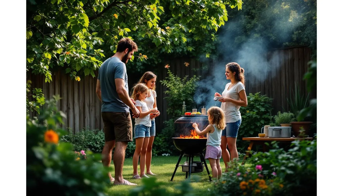 Na zdjęciu mężczyzna grilluje na świeżym powietrzu w towarzystwie rodziny, która cieszy się wspólnym czasem. To idealny moment, aby pomyśleć o wyjątkowym prezencie dla rodziców na święta, który sprawi im radość i będzie praktycznym upominkiem.