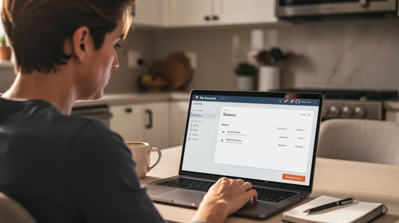A person is seated at a kitchen table, focused on a laptop displaying an online immigration account interface, which may include options to manage personal details, confirm identity, and access UKVI account details related to their immigration status. The scene suggests they are engaged in the process of creating or managing their UKVI account, potentially involving their identity document or biometric residence permit.