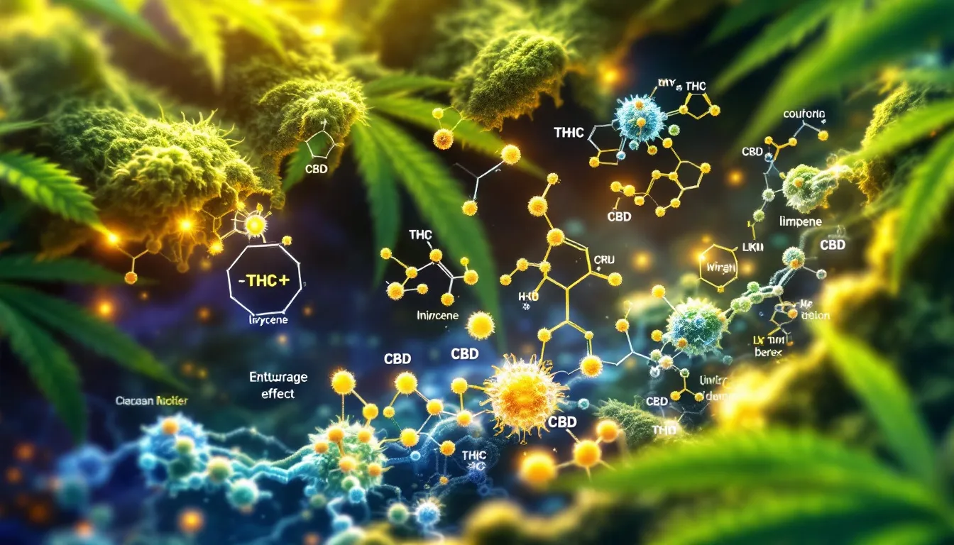 An illustration depicting the entourage effect, showing how terpenes and cannabinoids work together in cannabis consumption.