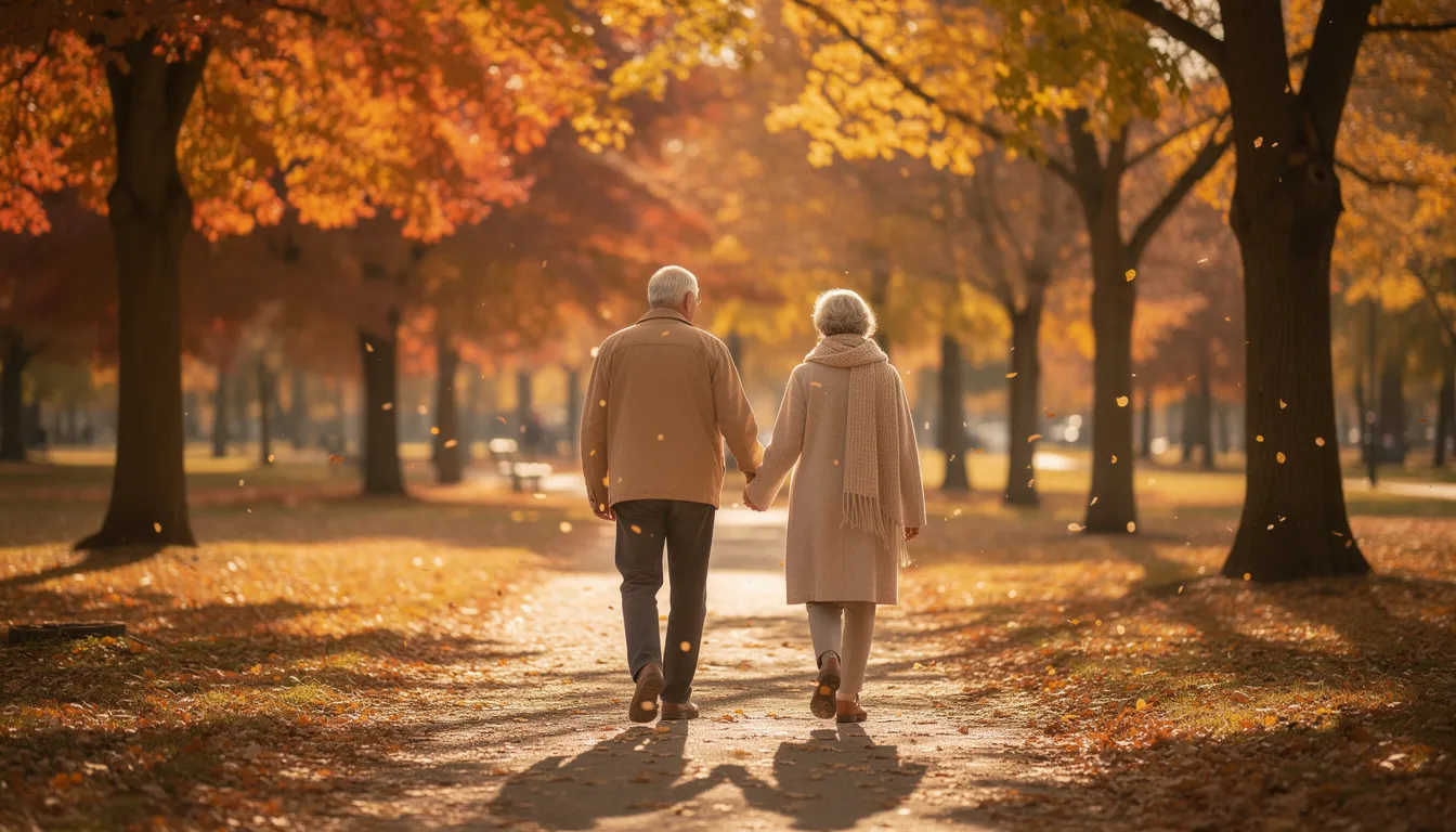 A senior couple walks hand in hand through a sunlit park, surrounded by trees adorned in vibrant autumn colors. This scene captures the essence of healthy aging and the joy of companionship, reflecting the benefits of an active lifestyle that supports cellular health and longevity.