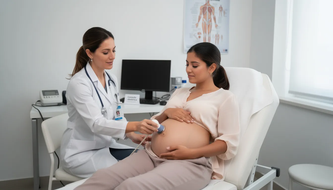 Un profesional de salud está realizando un control prenatal a una mujer embarazada en un consultorio médico, donde se evalúan sus antecedentes y se registra la historia clínica ginecológica para asegurar un seguimiento adecuado de su gestación. La consulta incluye la recopilación de datos importantes sobre su salud y posibles complicaciones.