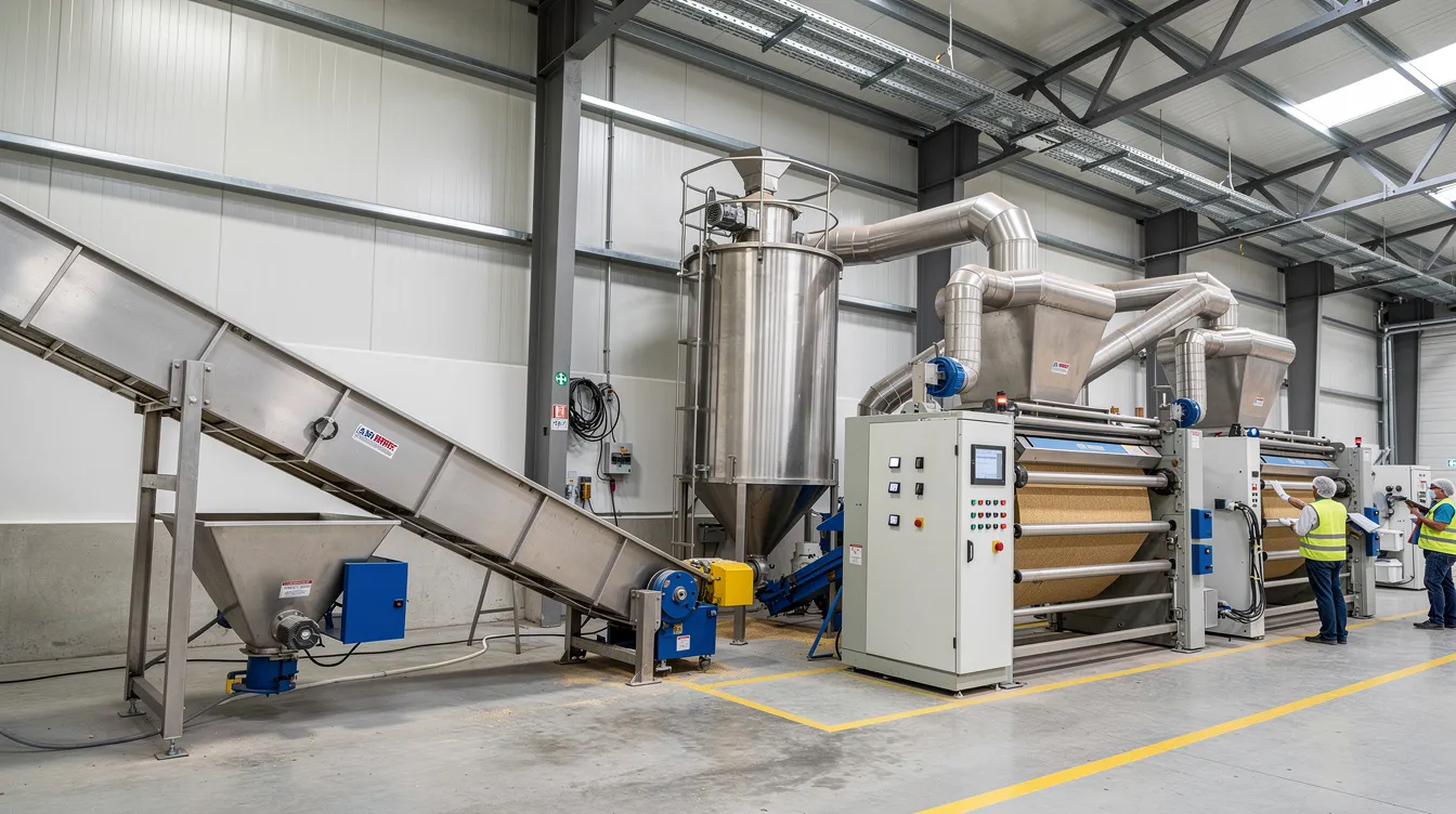 The image depicts industrial wheat grain cleaning and milling equipment inside a modern flour manufacturing plant, showcasing various machines and systems designed for efficient grain processing. This setup is essential for a flour mill project, emphasizing the advanced technology used in the production of wheat flour.