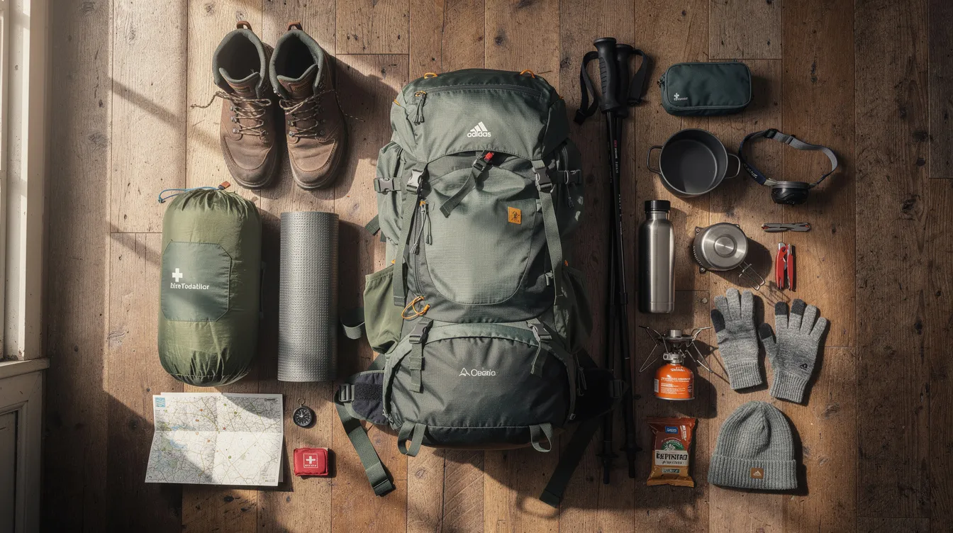 A variety of backpacking equipment is neatly arranged on a wooden floor, showcasing essential items for outdoor activities, including a durable tent, sleeping bag, and cooking gear. This organized gear set is perfect for anyone preparing for an adventure, ensuring quick access to all necessary tools for a successful trip.