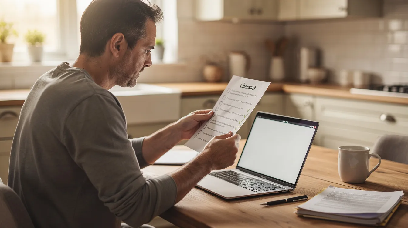 A person is sitting at a kitchen table, reviewing a checklist document while using a laptop. The scene suggests a focus on important tasks, possibly related to gun laws or registration requirements, indicating the person's engagement with legal or administrative matters.