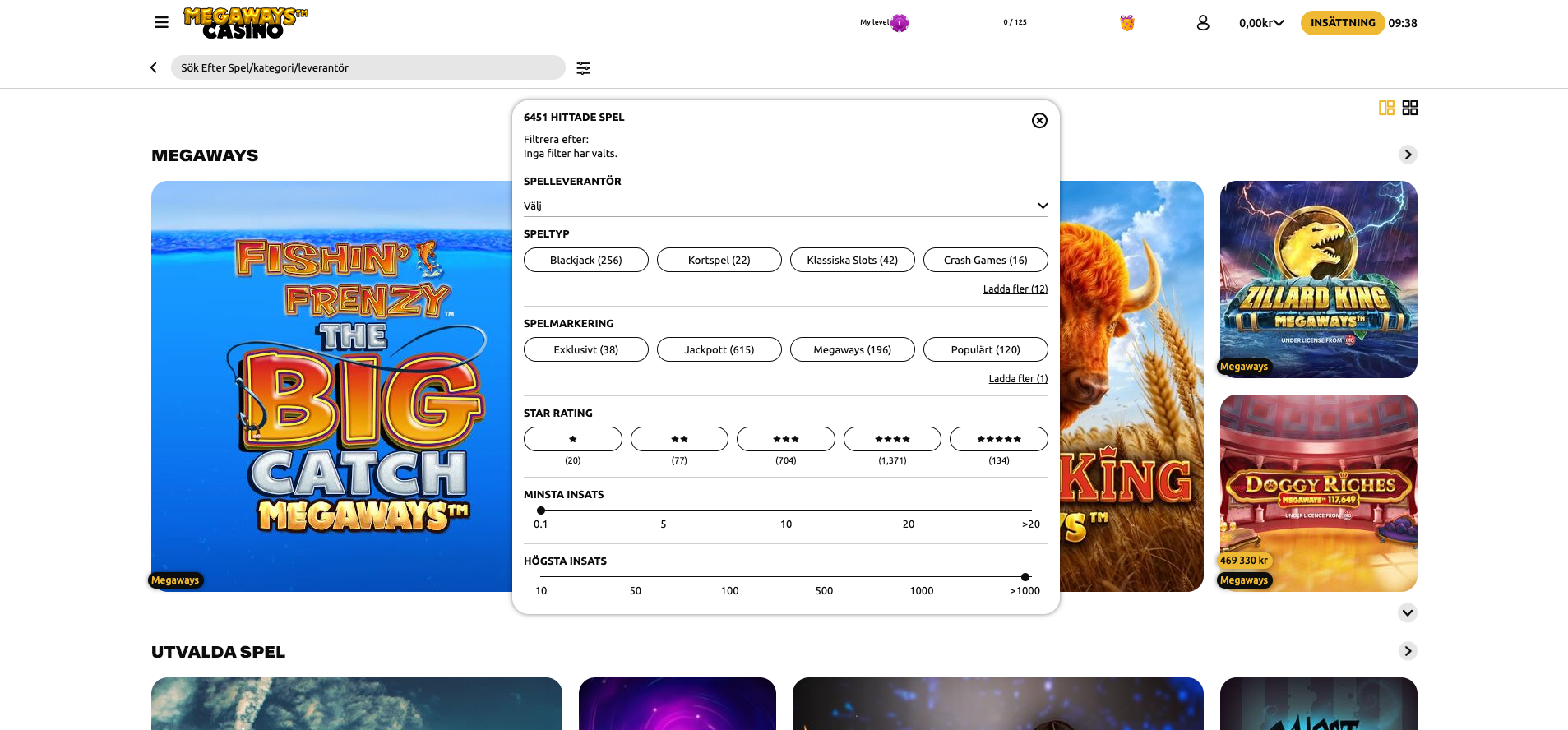 Filtrering av spel hos Megaways Casino efter speltyp, leverantör, jackpottar och Megaways-spel.