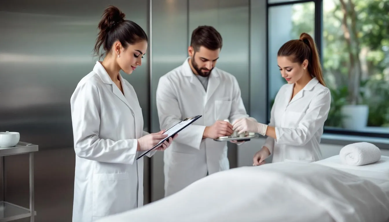 Un equipo de trabajo profesional en un spa se encuentra preparando un tratamiento, organizando los productos y herramientas necesarias para ofrecer servicios de calidad a sus clientes. Esta escena refleja la dedicación y el cuidado que se brinda en el negocio, ideal para compartir en plataformas de redes sociales como Instagram y Facebook.