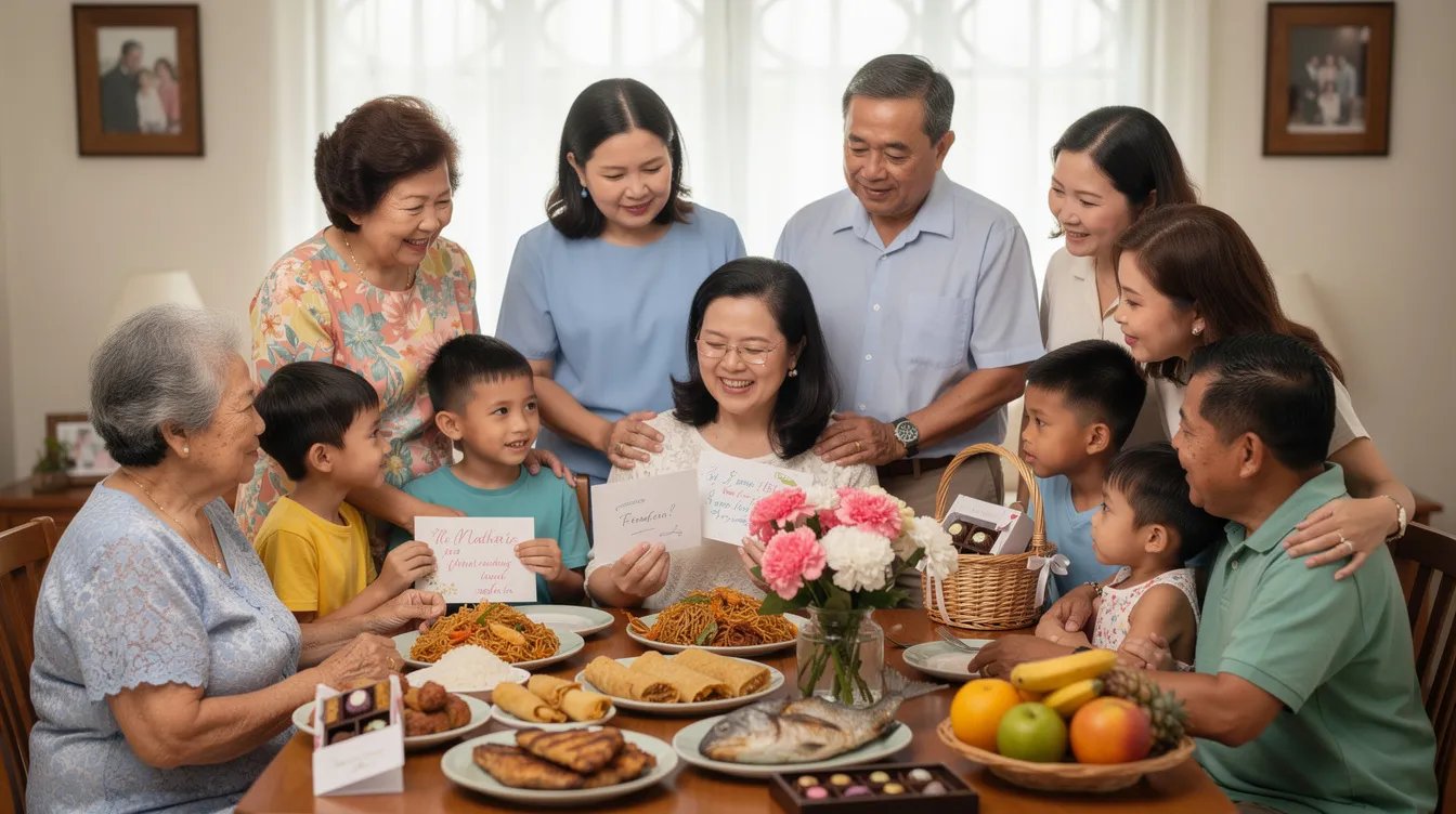 A Filipino mother sits at the center of a beautifully arranged dining table, surrounded by her family celebrating Mother's Day in the Philippines. The scene is filled with traditional Filipino dishes, fresh flowers including pink and white carnations, gift baskets, chocolates, and heartfelt handwritten cards, creating a warm and joyful atmosphere that honors mothers and maternal figures.