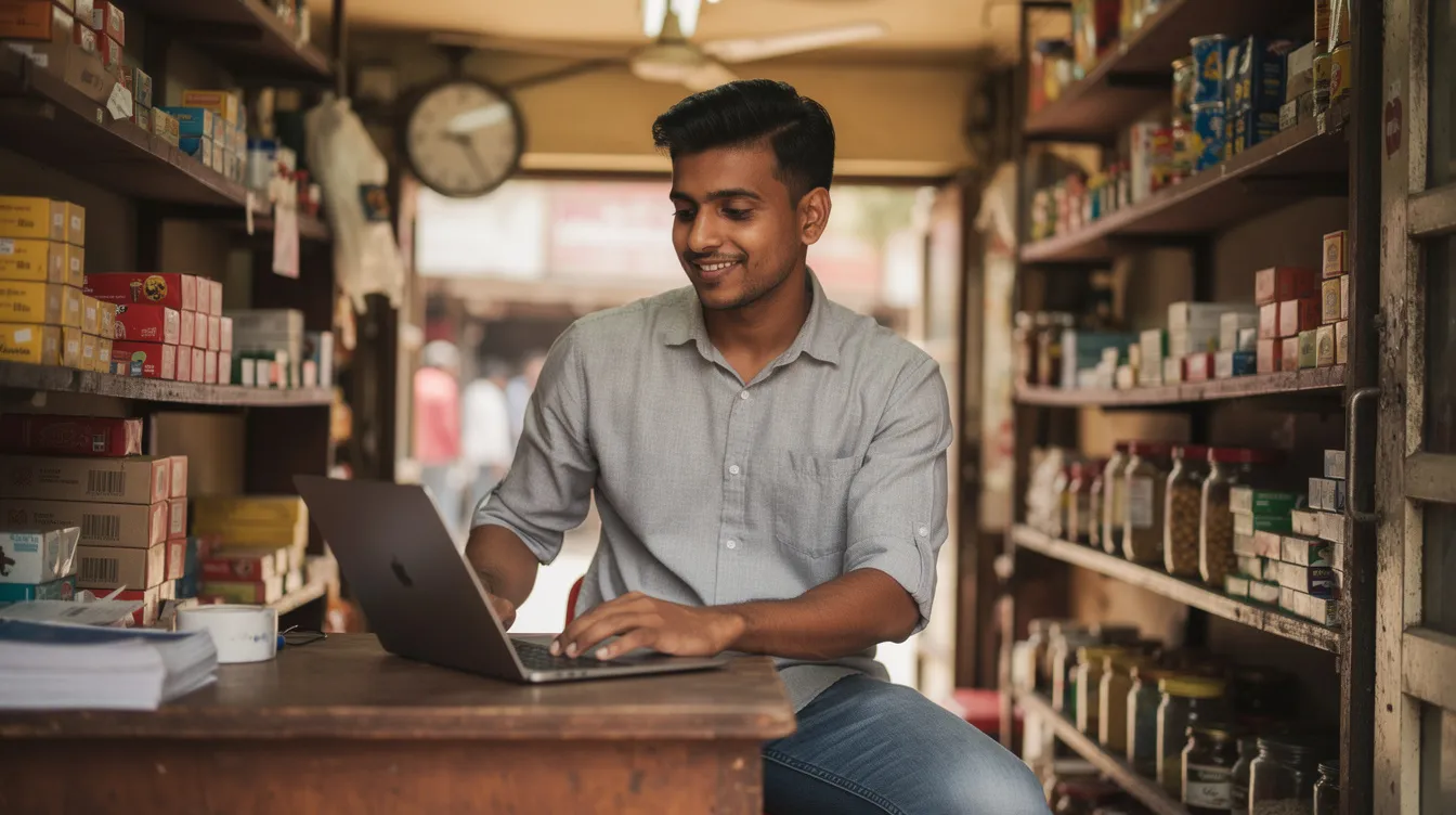 An Indian entrepreneur sits confidently at a small shop, working on a laptop that likely connects him to various financial institutions and resources for his micro enterprises. The scene reflects the spirit of entrepreneurship in India, possibly involving details about mudra loans and the support available for small businesses.
