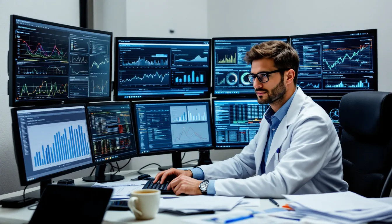 A healthcare provider is intently analyzing patient outcome data displayed on multiple computer screens, which showcase various charts and metrics related to patient satisfaction, care quality, and health outcomes. This setting highlights the importance of data analytics in improving patient health outcomes and supporting value-based care models.