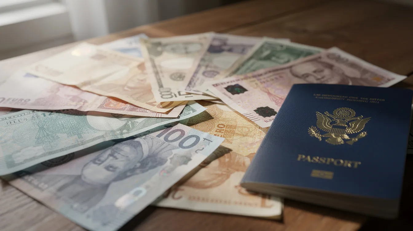 The image shows various international currency bills from different countries laid out on a table beside a passport, symbolizing the concept of global money transfer and transactions. This scene highlights the importance of banks, such as Thane Janata Sahakari Bank, in facilitating international financial activities.