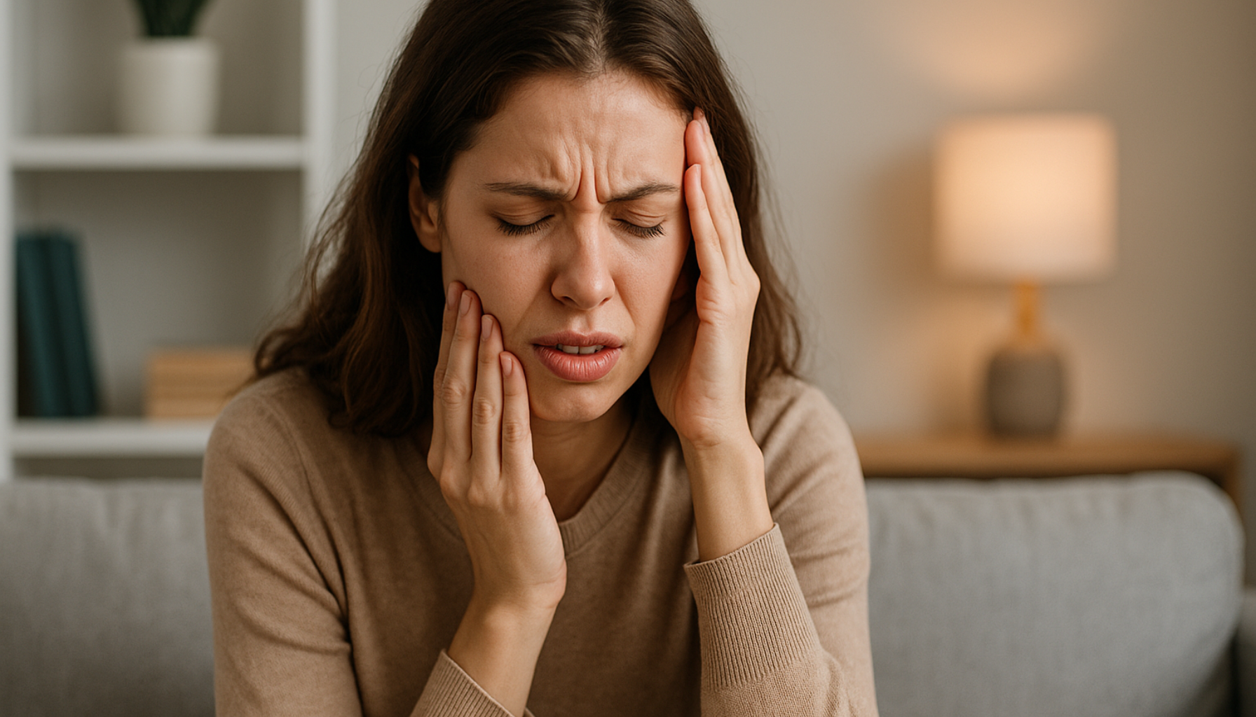 Kvinne med stress og kjevesmerter sitter i stue og holder hendene mot ansiktet med et smertefullt uttrykk.