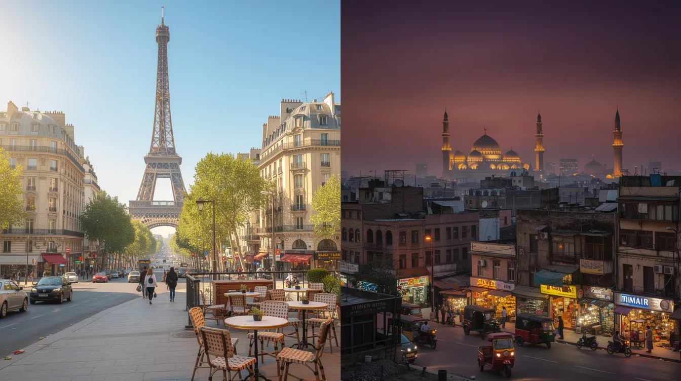 The image features a split-screen view contrasting a sunny afternoon cityscape of Paris, France, with a dusky evening cityscape of Lahore, Pakistan. This visual representation highlights the time difference, as Paris is 3 hours behind Lahore, illustrating the local times of 3:01 PM in Paris and 6:01 PM in Lahore.