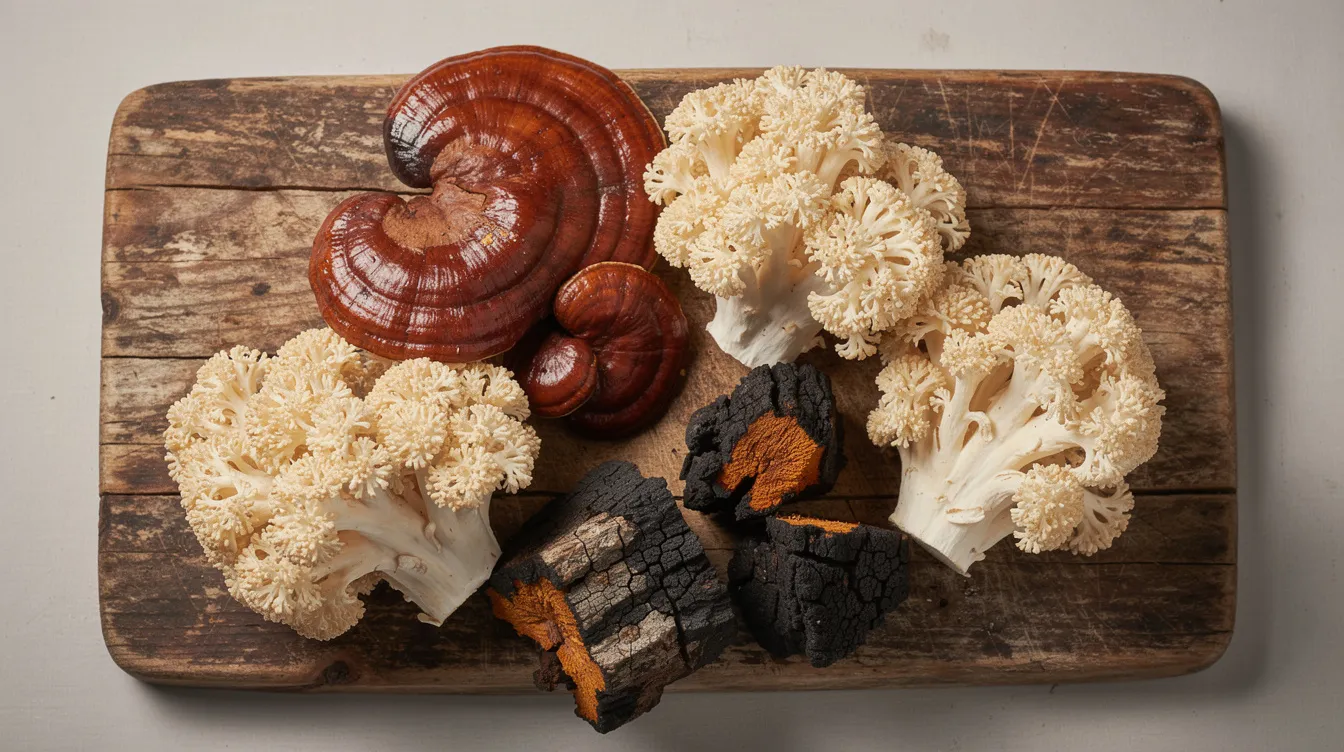 The image features a variety of fresh medicinal mushrooms including reishi, lion's mane, and chaga, beautifully arranged on a rustic wooden cutting board. These functional mushrooms are known for their health benefits, particularly in supporting immune health and brain function.