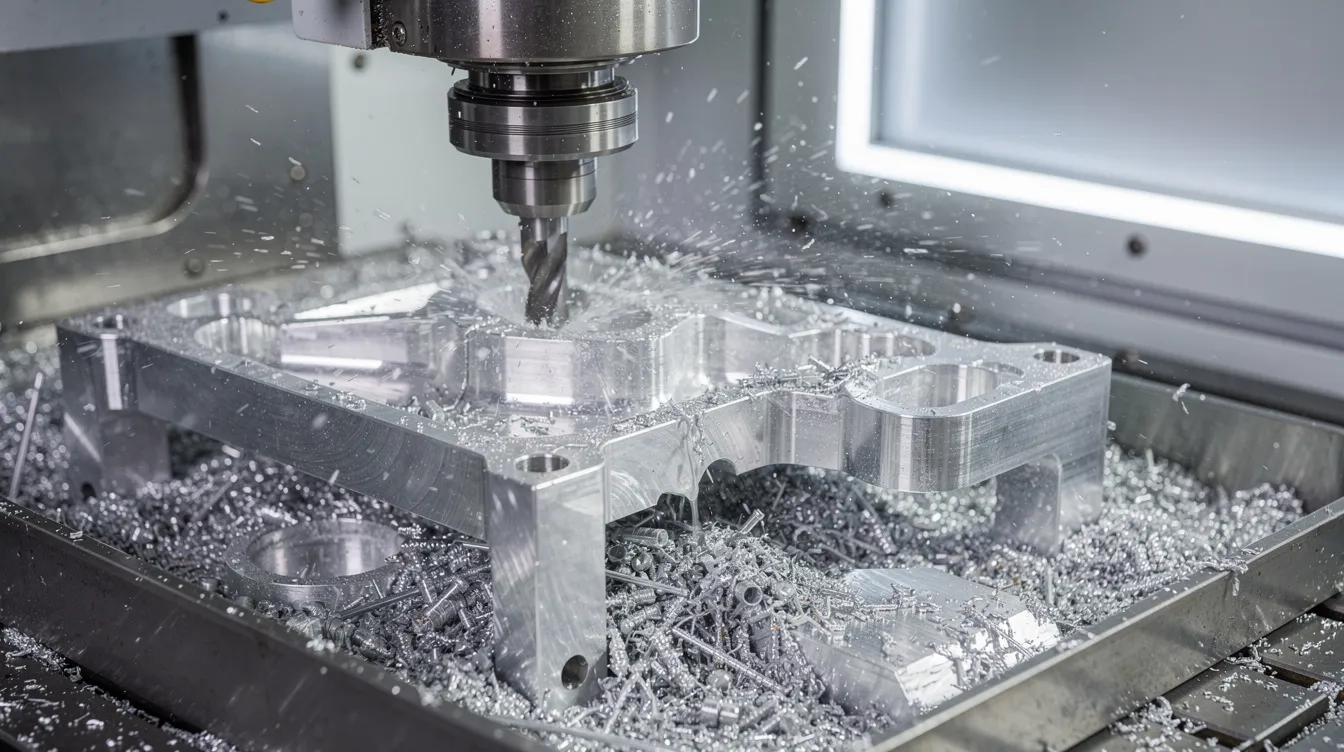 A close-up view of a five-axis CNC milling machine is shown, actively cutting a complex aluminum aerospace bracket from a solid billet, with visible metal chips and coolant spraying around. This image highlights the precision machining processes essential for producing critical aerospace components, showcasing the advanced capabilities of CNC machining in the aerospace industry.