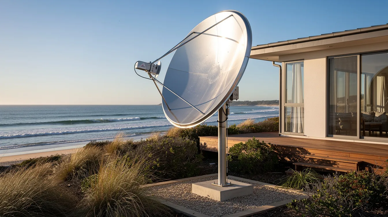 An aluminium satellite dish is installed next to a coastal home under a clear blue sky, showcasing its sleek design. This new DSTV dish is ready for installation, ensuring quality signal reception for television viewing.