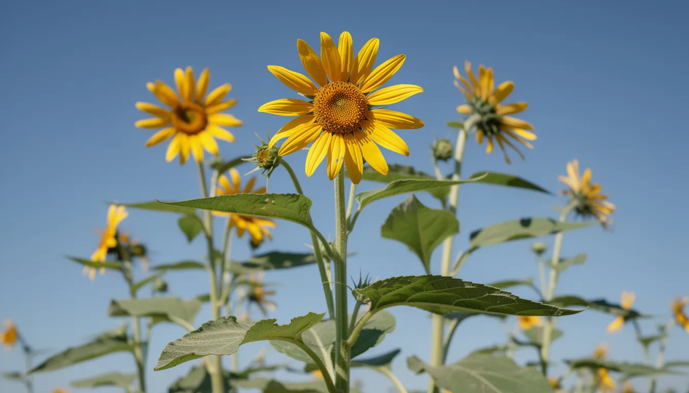 A vibrant scene featuring tall Jerusalem artichoke plants adorned with bright yellow sunflower-like blooms against a clear blue sky, showcasing these hardy perennial vegetables thriving in an edible landscape. The flowers attract beneficial insects, highlighting the beauty and utility of perennial crops in a food forest.
