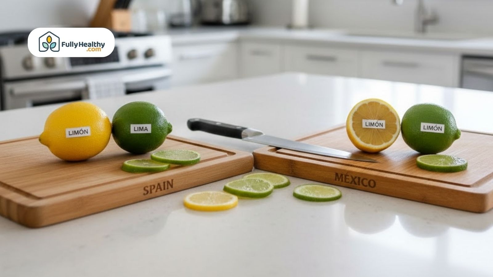 Labeled lemons and limes showing Spain and Mexico citrus name differences