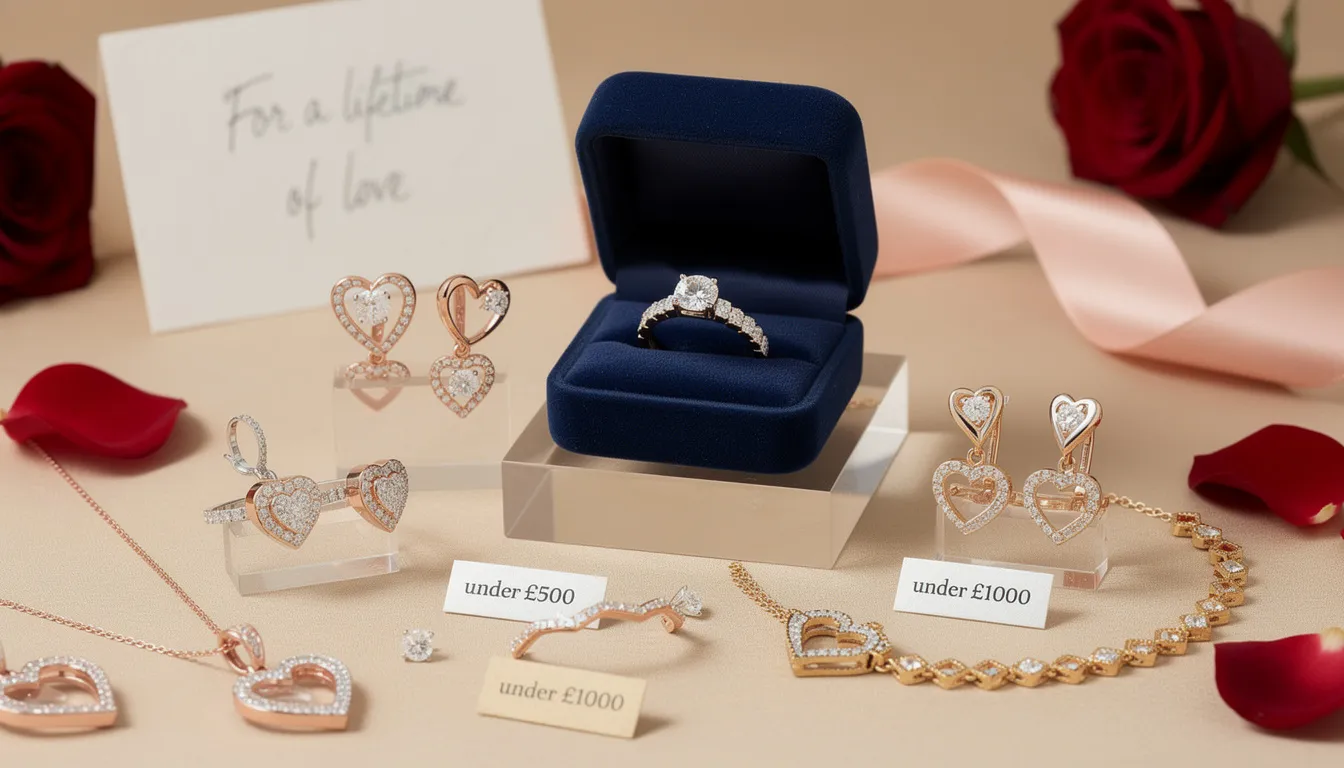 The image showcases a stunning collection of luxury and mid-range jewellery gifts, featuring exquisite engagement rings crafted from high-quality metals like sterling silver and rose gold. Each piece, designed with unparalleled craftsmanship, symbolizes love and commitment, making them perfect for special occasions such as proposals or anniversaries.