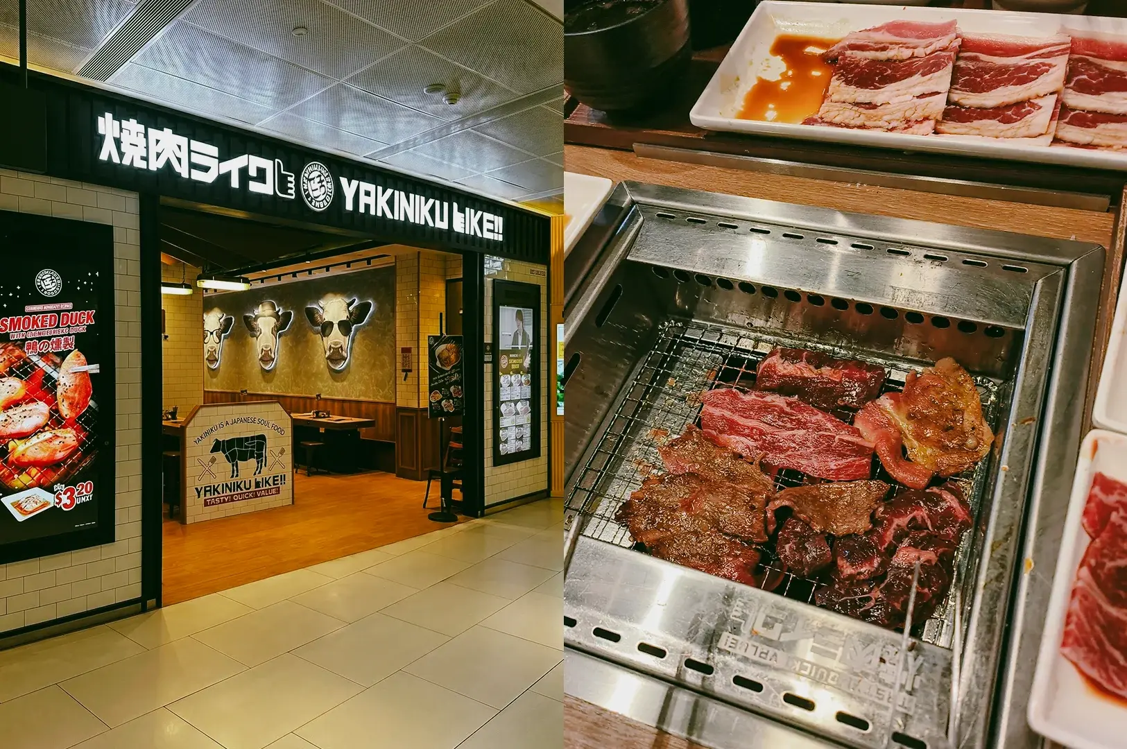 Left: An eye-level, three-quarter shot of the Yakiniku Like restaurant front, featuring a bold black sign with Japanese characters and illuminated cow heads wearing sunglasses on the inner wall. Right: A top-down, close-up shot of an individual rectangular tabletop grill with several strips of beef searing over the metal grates next to raw meat trays.