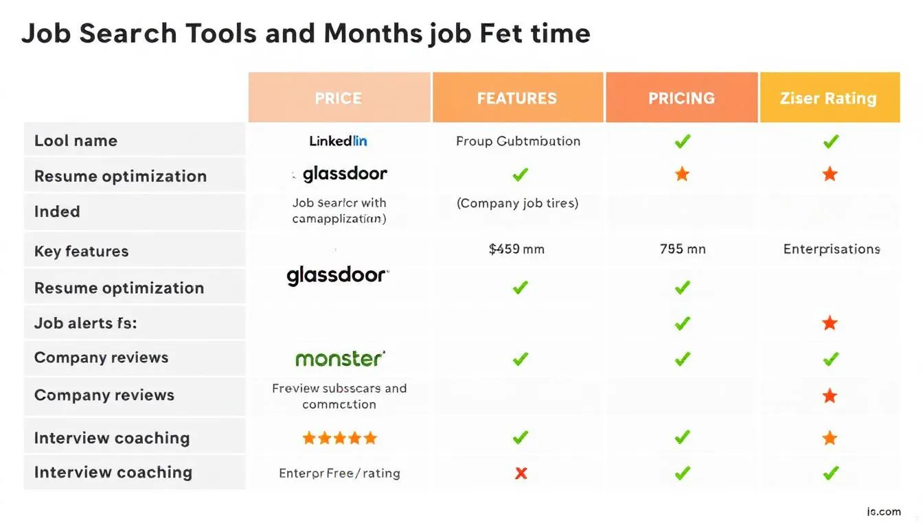 The image depicts a comparison chart that outlines various job search tools and their features, highlighting aspects like resume builders, job boards, and job tracking capabilities. This chart serves as a helpful resource for job seekers looking to navigate the job search process more effectively.