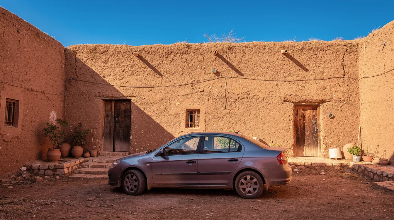 Un coche aparcado en el patio de una casa rural marroquí tradicional.