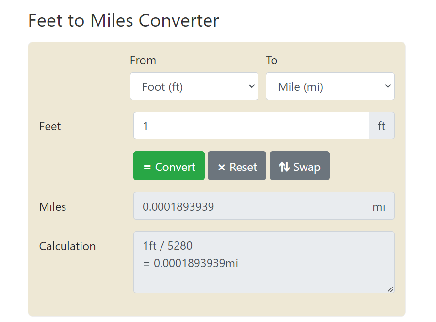 Feet to Miles (ft to mi) Converter