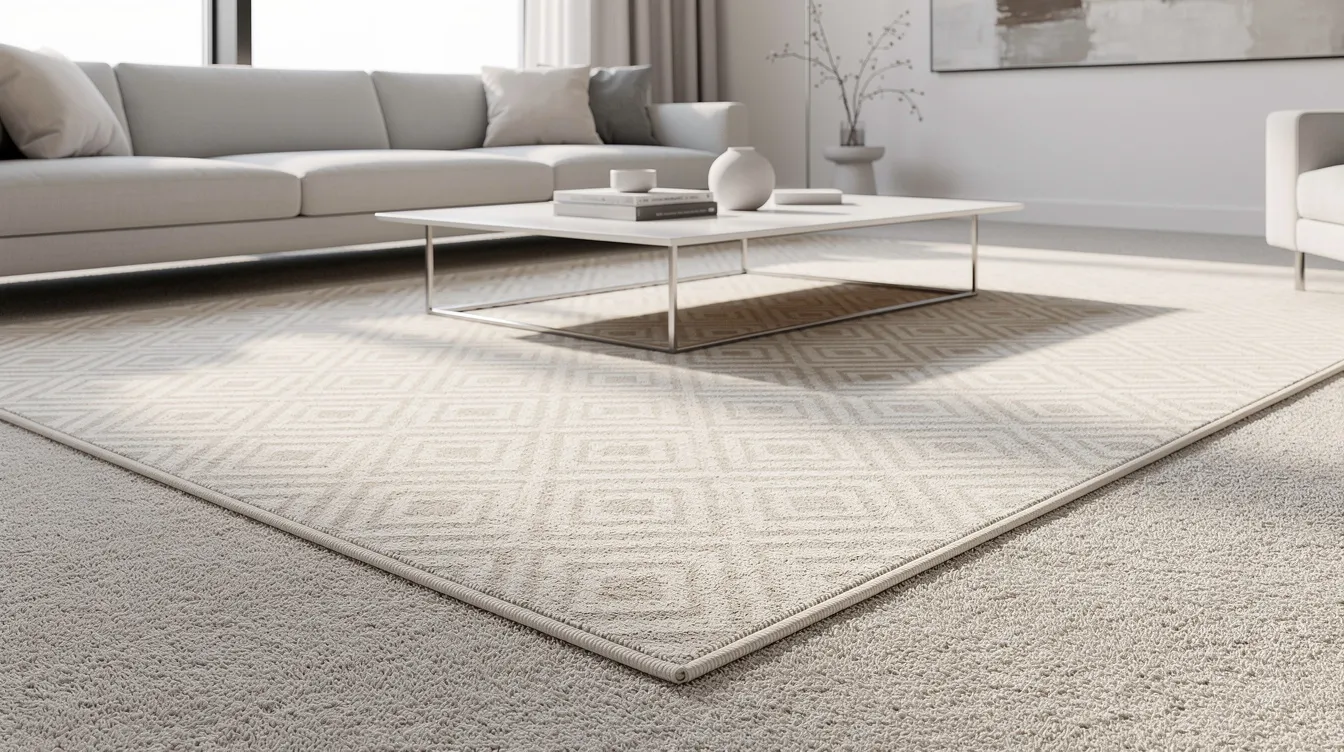 The image features a neatly laid area rug with corners that are perfectly flat, resting on plush wall-to-wall carpet in a bright modern living room. This setup showcases how to keep rug corners flat and prevent curling, creating a safe and stylish space without tripping hazards.