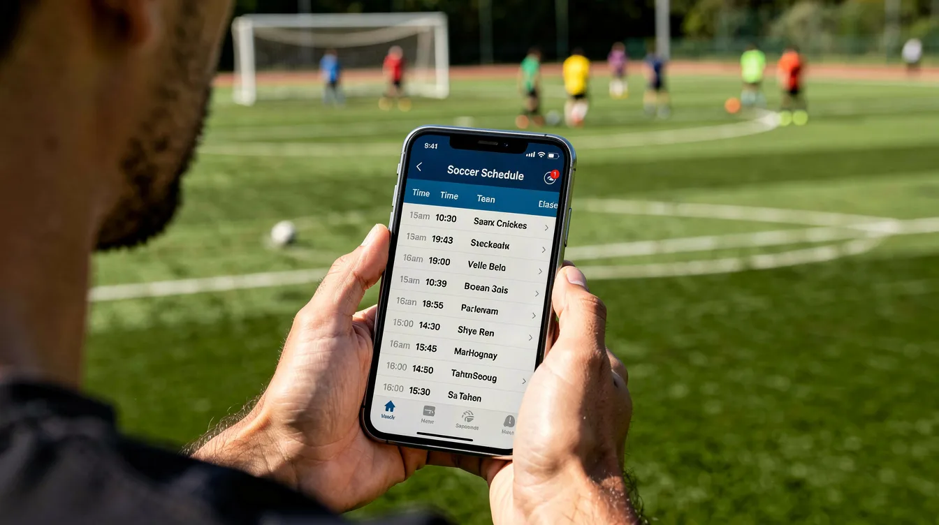 A person is standing next to a soccer field, holding a smartphone that displays a sports schedule, likely related to upcoming games for national teams in Canada. The bright sun casts shadows on the pitch, creating a vibrant atmosphere for soccer enthusiasts.