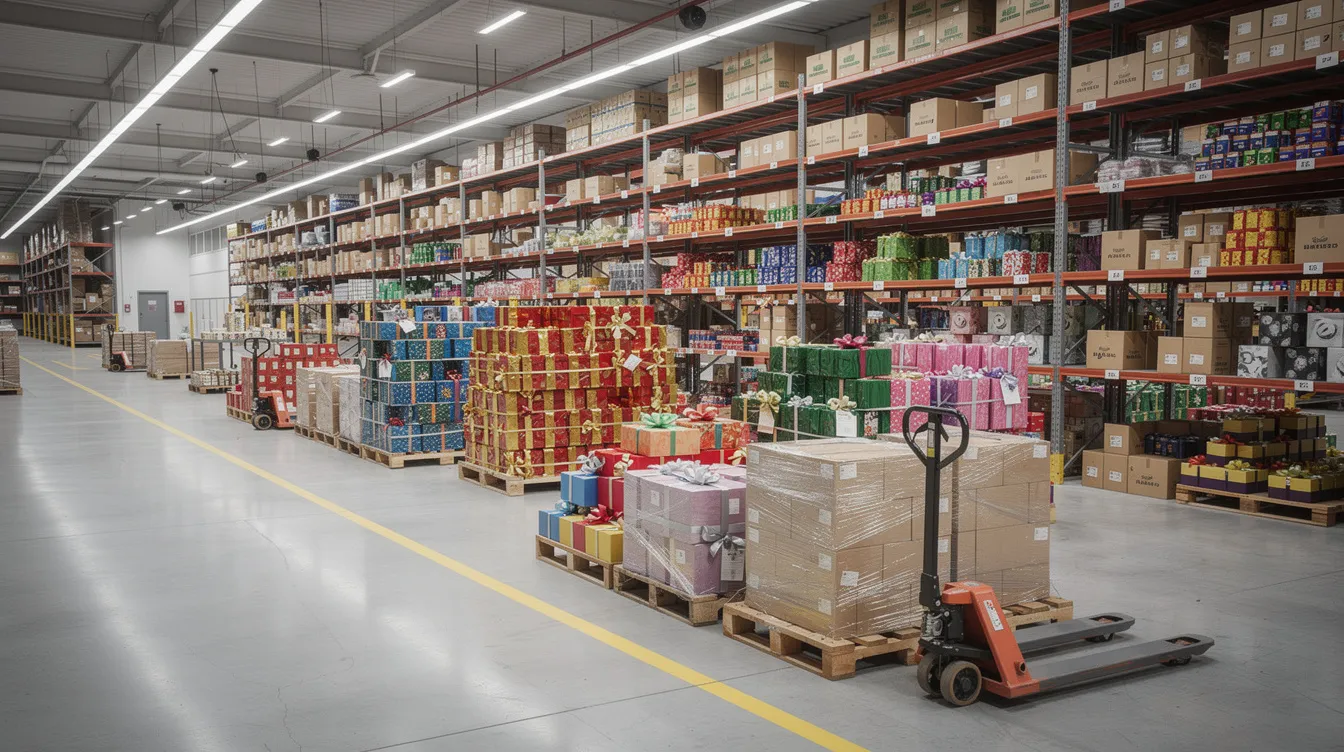 Wnętrze nowoczesnego magazynu z starannie uporządkowanymi półkami wypełnionymi markowymi produktami i gotowymi do wysyłki paczkami prezentowymi. Takie zorganizowane podejście sprzyja efektywnej obsłudze programów lojalnościowych, które zachęcają klientów do regularnych zakupów i zbierania punktów.