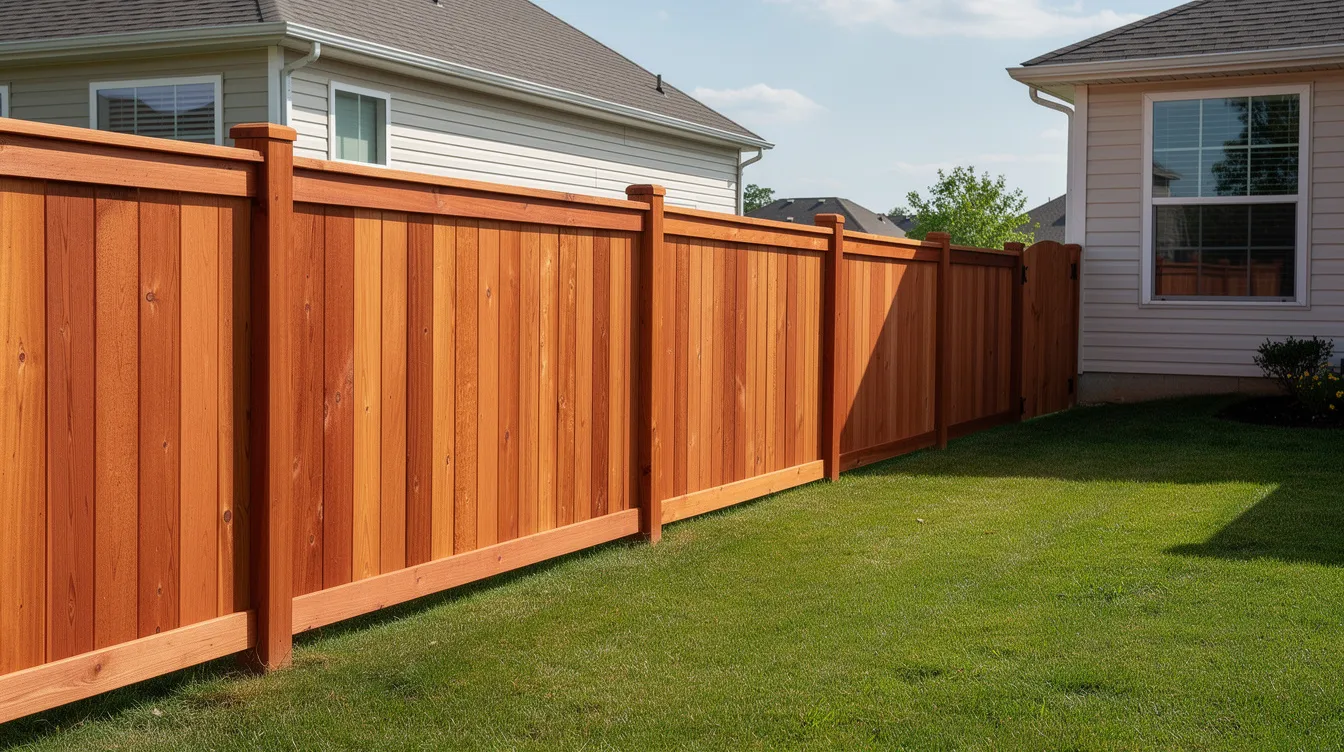 The image shows a newly installed cedar privacy fence dividing two suburban homes, with well-maintained green grass on both sides, clearly marking the property line. This shared fence symbolizes the importance of open communication and mutual agreements between neighbors regarding responsibilities and maintenance.