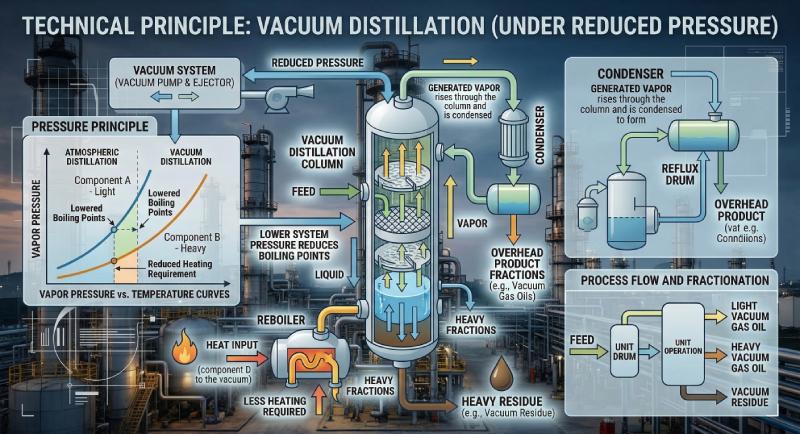 vacuum distillation column diagram showing reduced pressure system condenser and reflux flow